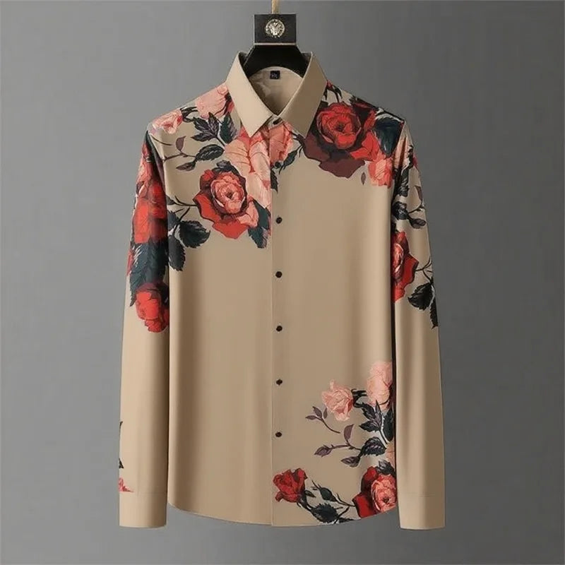 12 Colors Men's Vintage Floral Print Long Sleeve Shirt Spring Daily Going Out Clothing High Quality Luxury Print Lapel Shirt 6XL