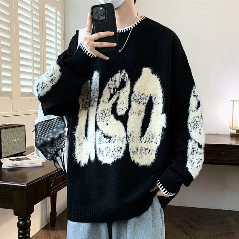2025 New Letter Jacquard O-Neck Knitwear Men's American Fashion Retro Knitted Sweater Autumn Hip Hop Long Sleeve Y2K Pullovers