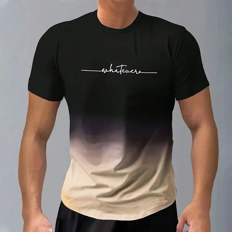 Casual Men's Trendy Short-Sleeved Gradient Letter Printed Round Neck T-Shirt Clothing Spring And Autumn Fitness Sports Tops