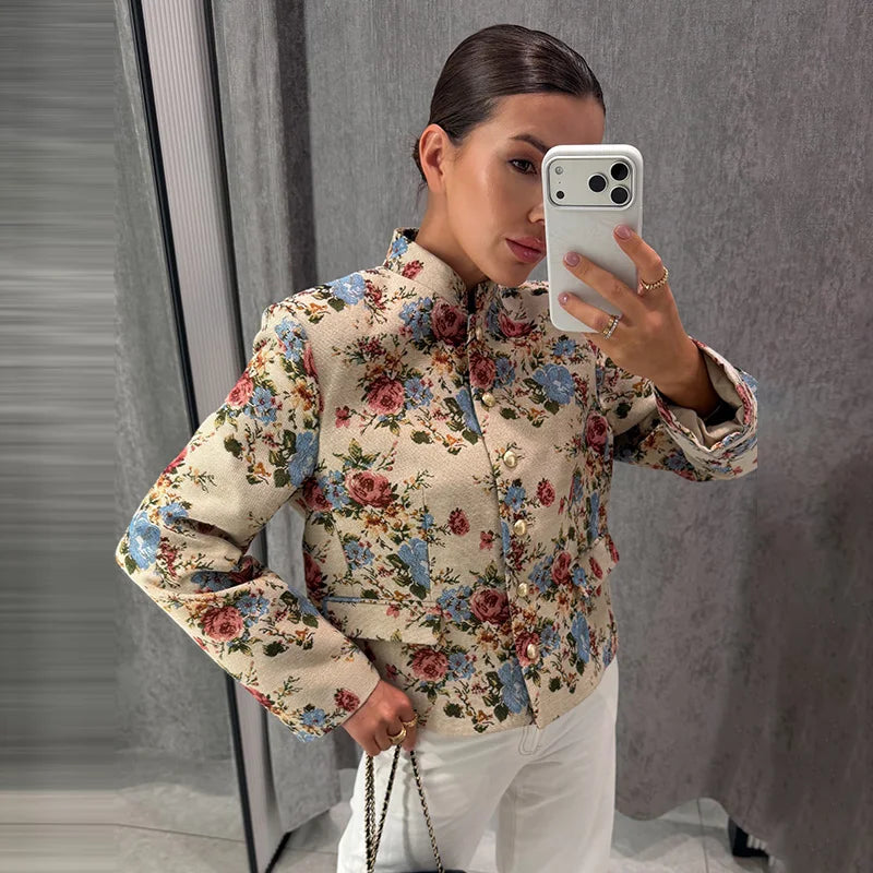 Women Cropped Floral Print Jacket Stand Collar Long Sleeve Button Front Pockets Vintage Loose Short Coat 2026 Autumn Chic Blazer