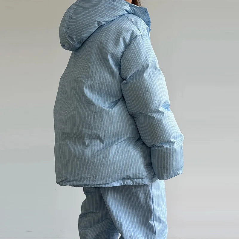 Casual Striped Women's Cotton Coat Trouser Suits Hooded Zippers Thicken Lady Set 2026 Autumn Winter Chic Female Outfits
