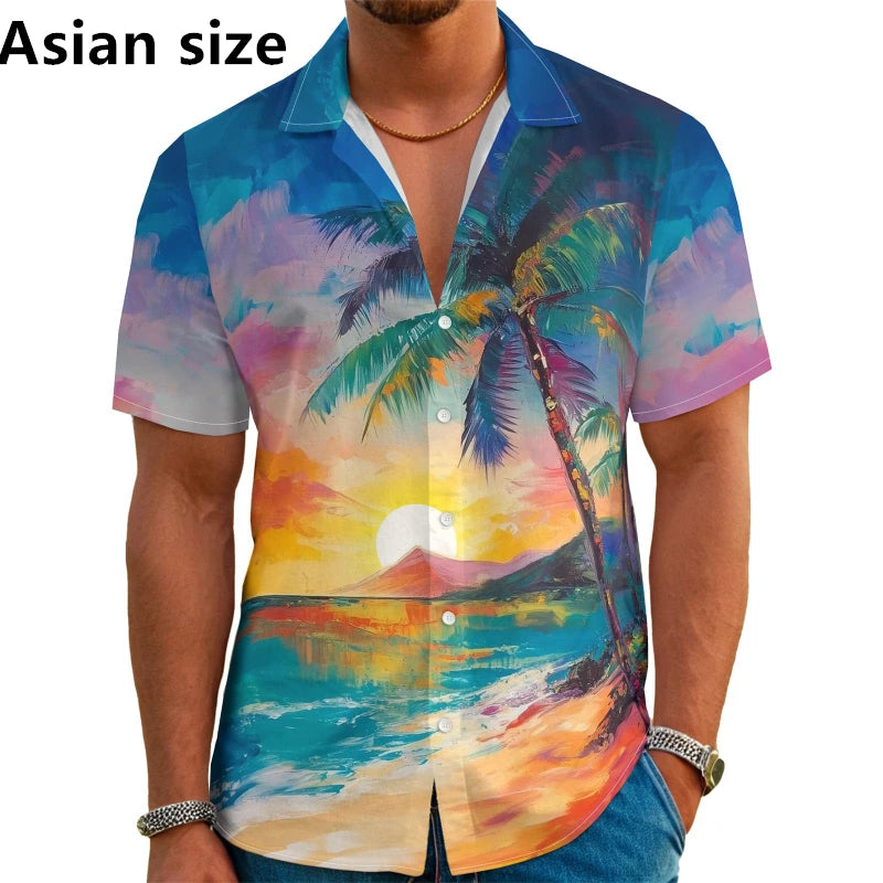 Men's Hawaiian Shirt 3D Palm Print Aloha Shirt Beach Tropical Vacation Short Sleeve Button Down Shirt Fashion Y2k Men Clothing