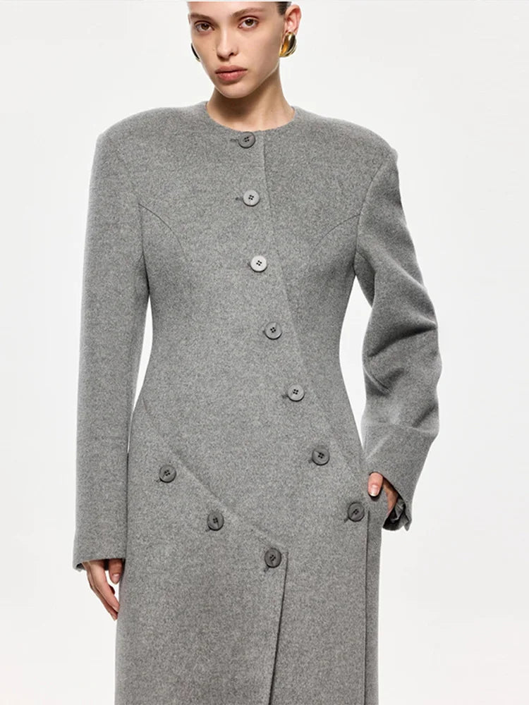 Chic Oblique Buckle Women's Coat O-Neck Side Split Full Sleeve Long Coats Lady 2026 Spring Elegant Female Street Outerwear