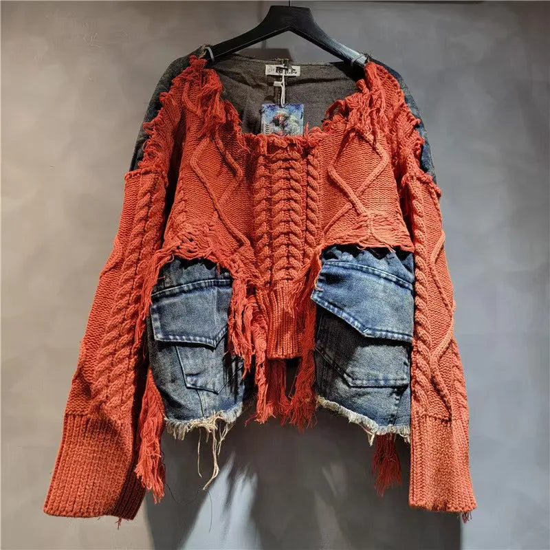 2025 Autumn New Denim Patchwork Knitted Pullover Sweater for Women, Loose Slimming Washed Vintage Top Trendy