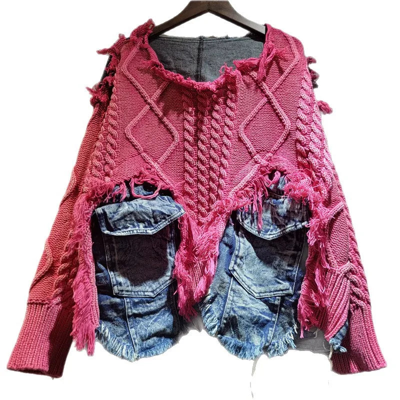 2025 Autumn New Denim Patchwork Knitted Pullover Sweater for Women, Loose Slimming Washed Vintage Top Trendy