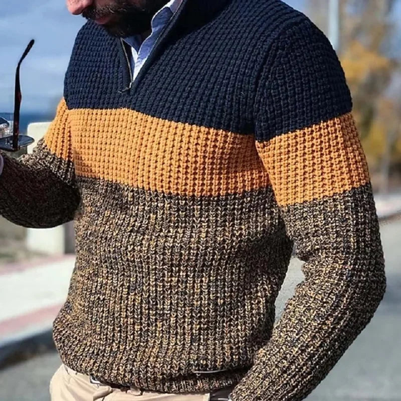 Pullovers Men Knitted Tops Zipper Turn Down Collar Full Sleeve Slim Fit Polo Sweaters Casual Regular Knit Splice Autumn Winter