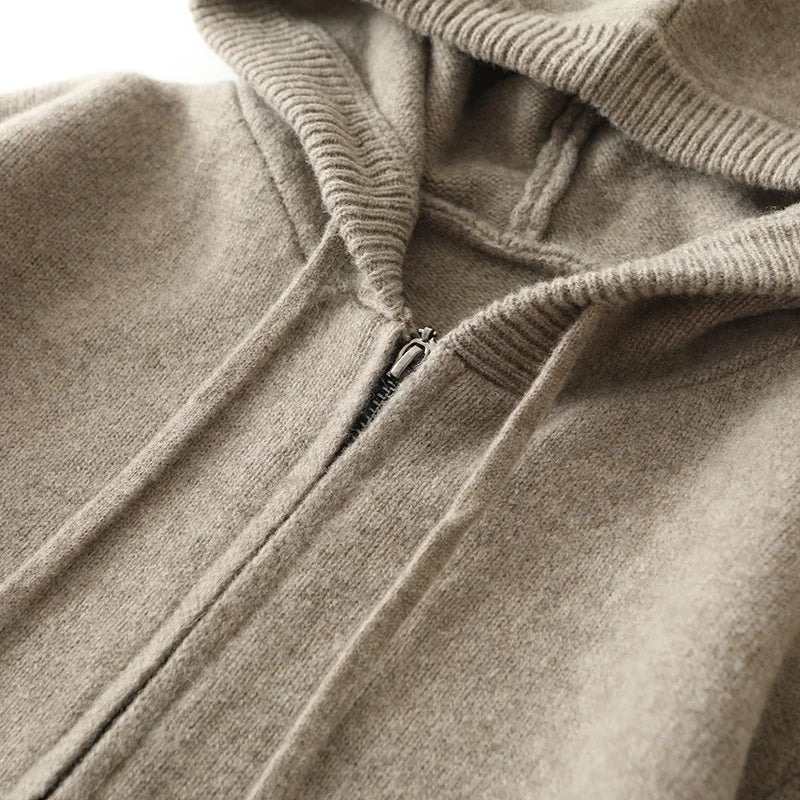 Autumn And Winter Men's 100% Pure Wool Cardigan Warm Zipper Hooded Casual Knitted Cashmere Coat