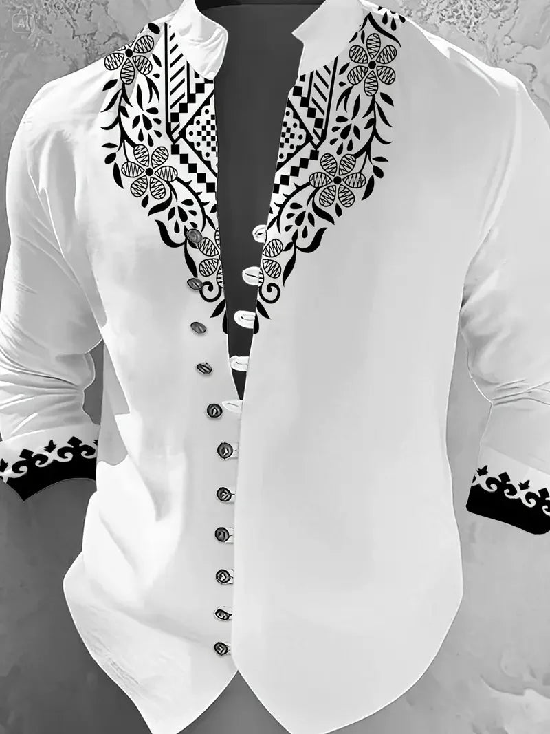 Men's Long Sleeve Lapel Shirt Outdoor Casual Top 3D Geometric Printed Pattern Loose Men's Clothing Top
