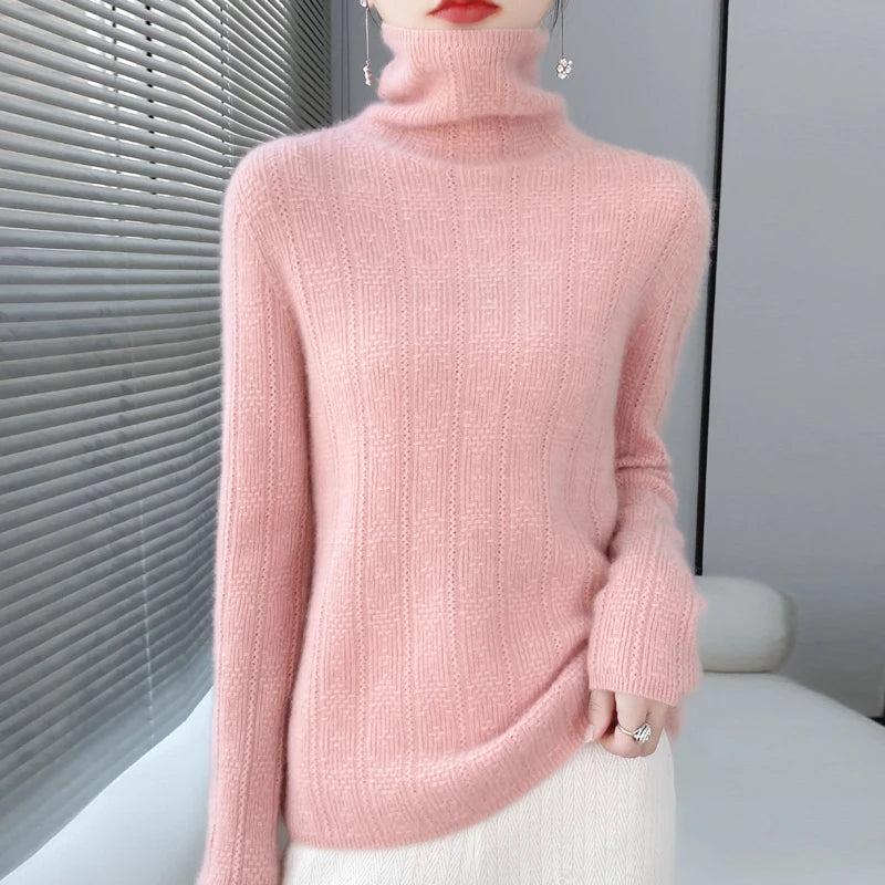 100% Wool Cashmere Sweater Women Turtleneck Long Sleeve Tops Knitted Pullovers Autumn Winter Casual Loose Clothing Warm Jumper