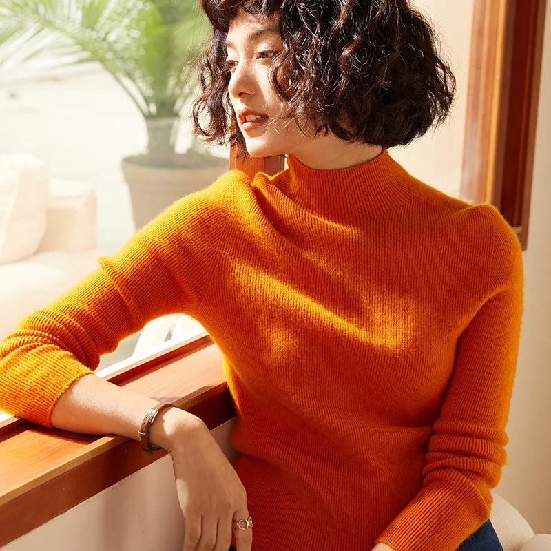 Autumn and Winter New Women's 100% Pure Cashmere Semi High Neck Pullover Sweater Knitted Slim Fit Hot Selling Women's Top