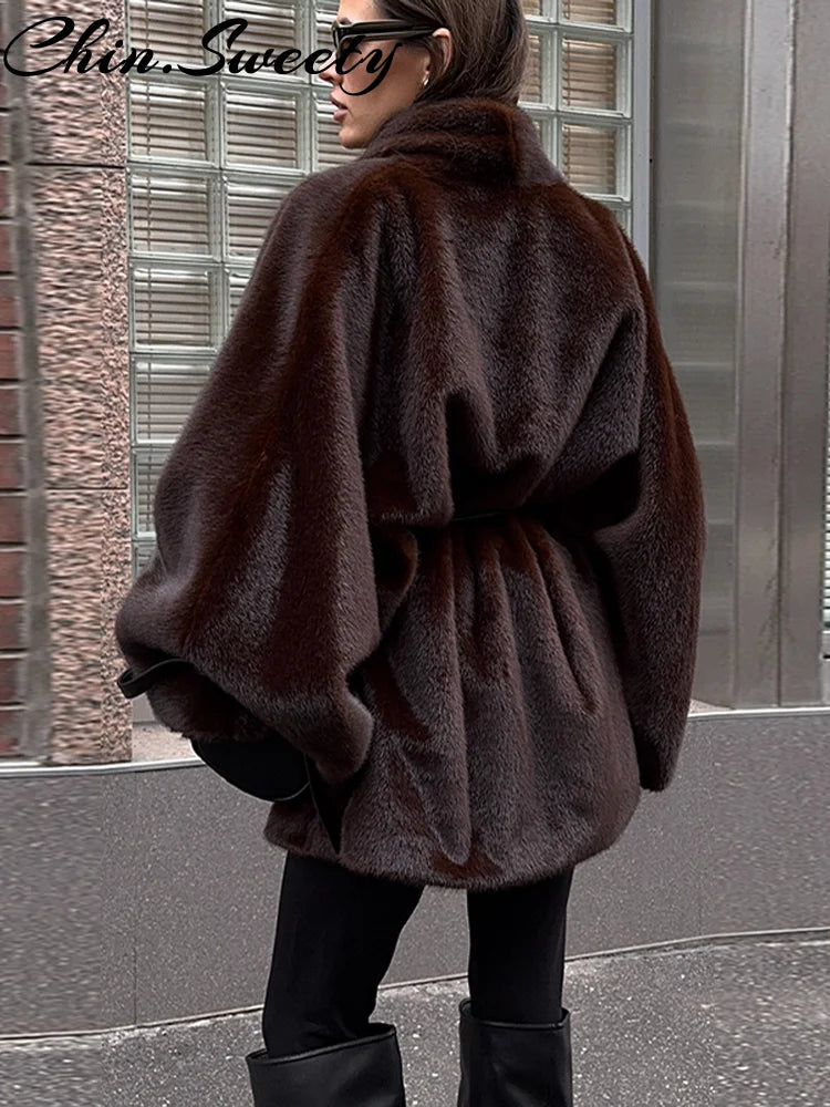 Vintage Faux Fur Thicken Coats Women Chic Full Sleeve V-neck Lace Up Open Stitch Female Outwear 2026 Spring Autumn Lady Outwear