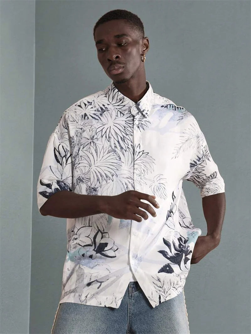 2025 Hawaiian men's short sleeved shirt casual slim fashion shirt luxurious black social retro fun clothing