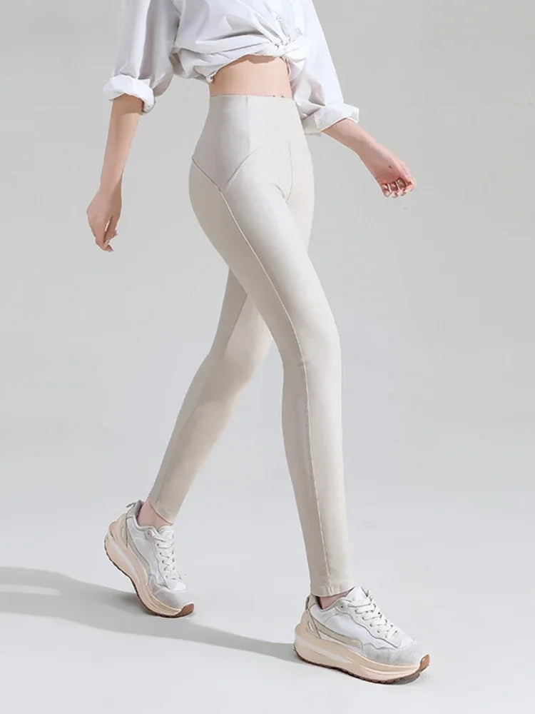 Women's Autumn Sexy Pu Leather Leggings Ladies Winter High Waist Trousers Girl Multicolour Tights Stretch Soft Thin Fleece Pants