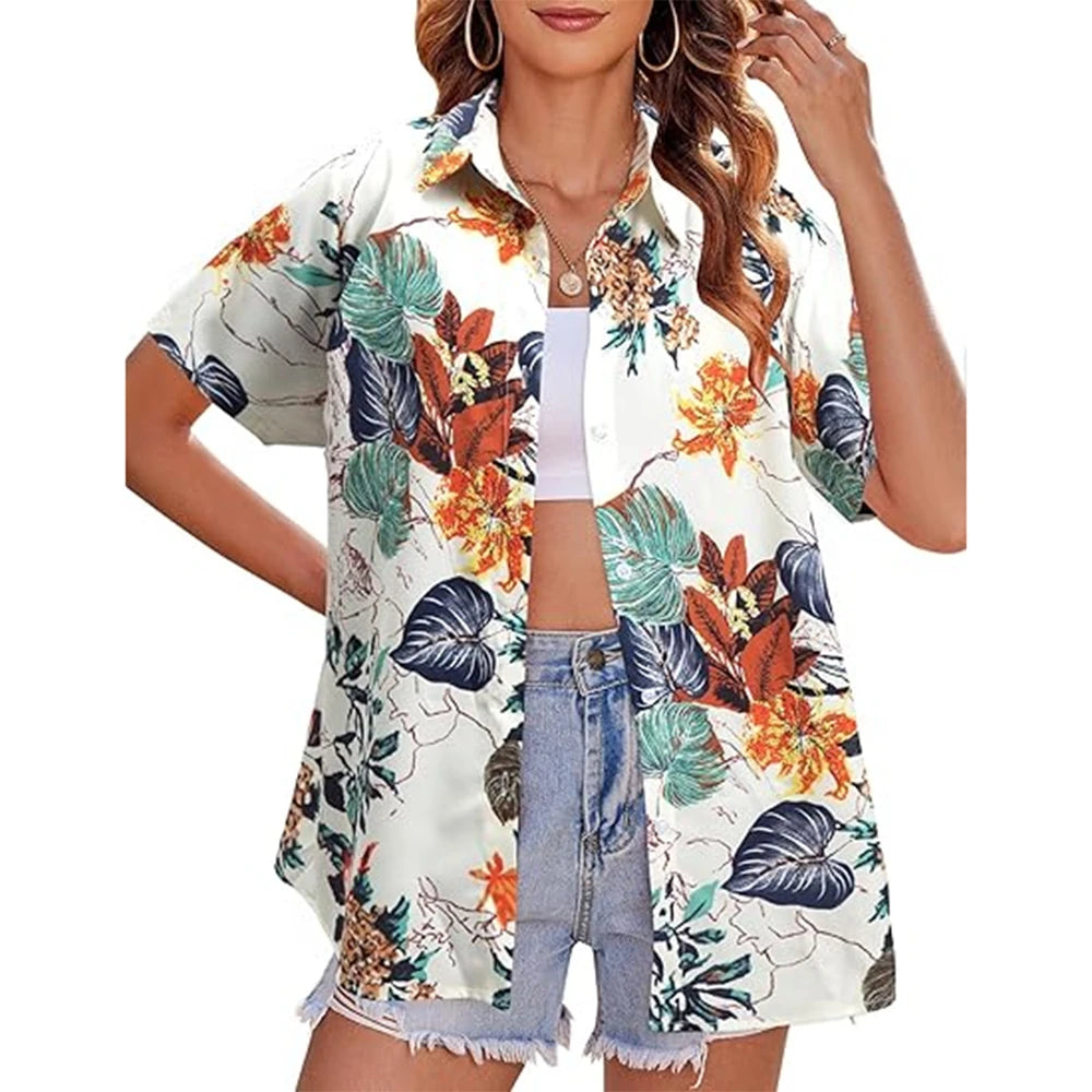 New Women's Short Sleeve T-shirt Fashion 3D Floral Print Hawaiian Style Casual Basic T-shirt Summer Lapel Short Sleeve Shirt