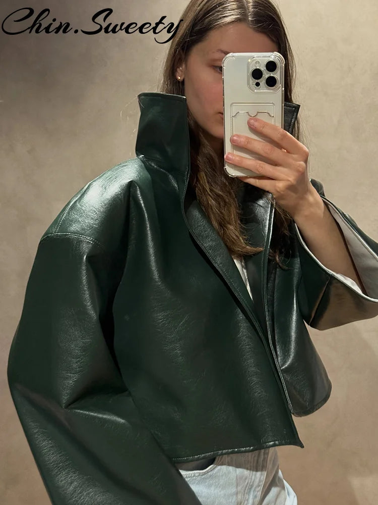 Urban Solid Pu Leather Women Jacket Street Stand Collar Long Sleeve Female Outwear 2026 Autumn Winter Fashion Lady Streetwear