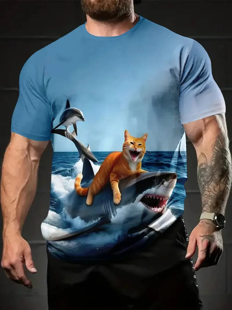 Men's Casual Tops 3D Cool Cat Print T-Shirt O Neck Short Sleeve Pullover Streetwear Sportshirt Outdoor Tee Oversized Clothing