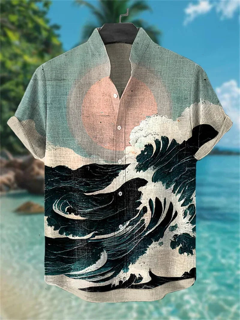 New Men's Linen Short Sleeve Shirt Vintage 3D Wave Octopus Printed Wave Button Shirt Men's Casual Top Shirt