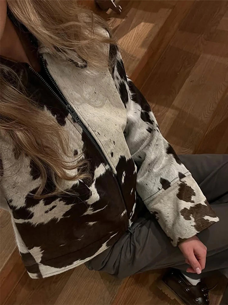 Elegant Print Short Jacket Women Retro Lapel Zippers Long Flare Sleeve Female Outwear 2025 Autumn Fashion Lady Streetwear New
