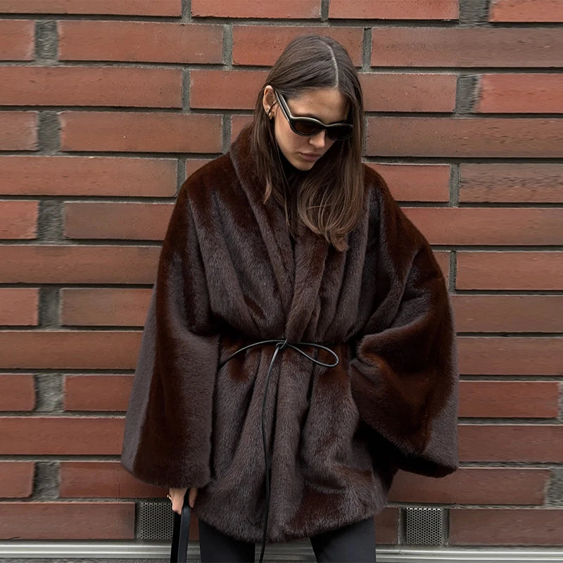 Vintage Faux Fur Thicken Coats Women Chic Full Sleeve V-neck Lace Up Open Stitch Female Outwear 2026 Spring Autumn Lady Outwear