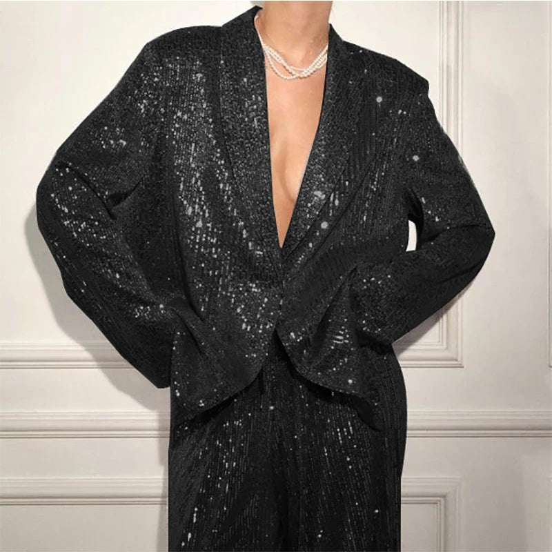 Casual Sequin Jackets Pants Set Women Golden Long Sleeve Lapel Button Wide Leg Pant Autumn Lady Suit Urban Street Loose Sets