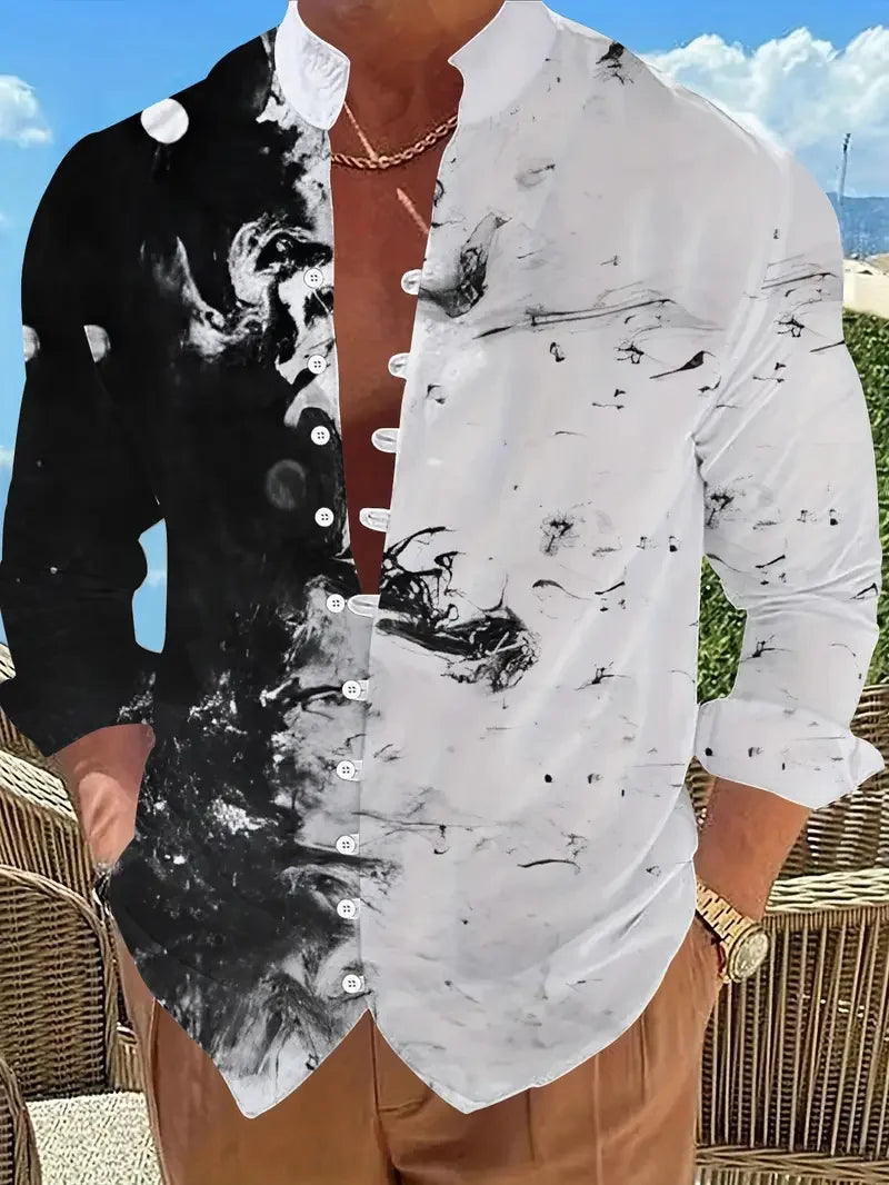 Men's Long Sleeve Lapel Shirt Outdoor Casual Top 3D Geometric Printed Pattern Loose Men's Clothing Top