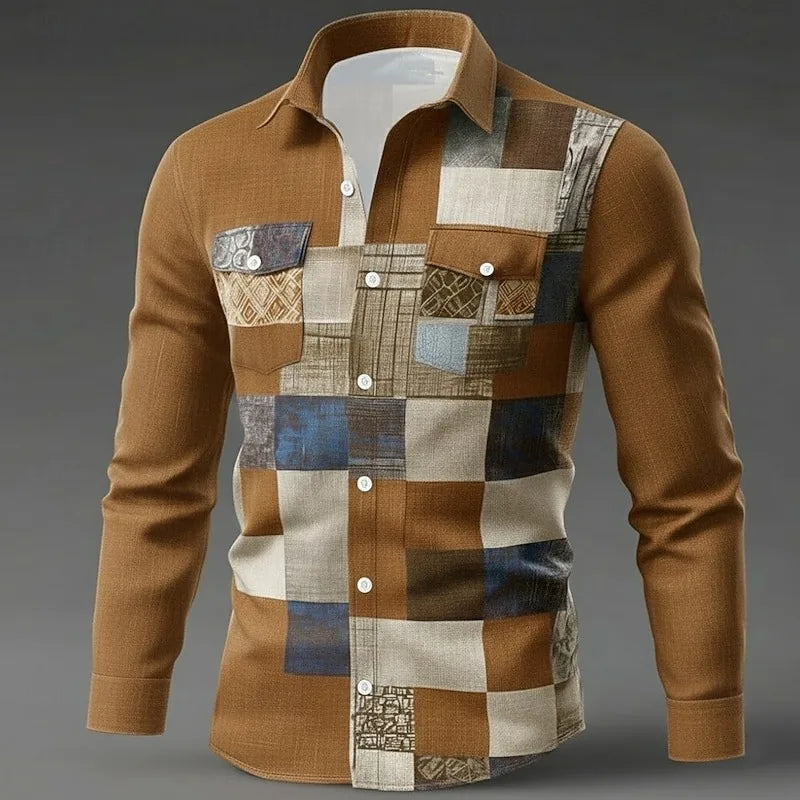 New men's long sleeved shirt, casual and fashionable checkered shirt, lapel single breasted long sleeved men's clothing