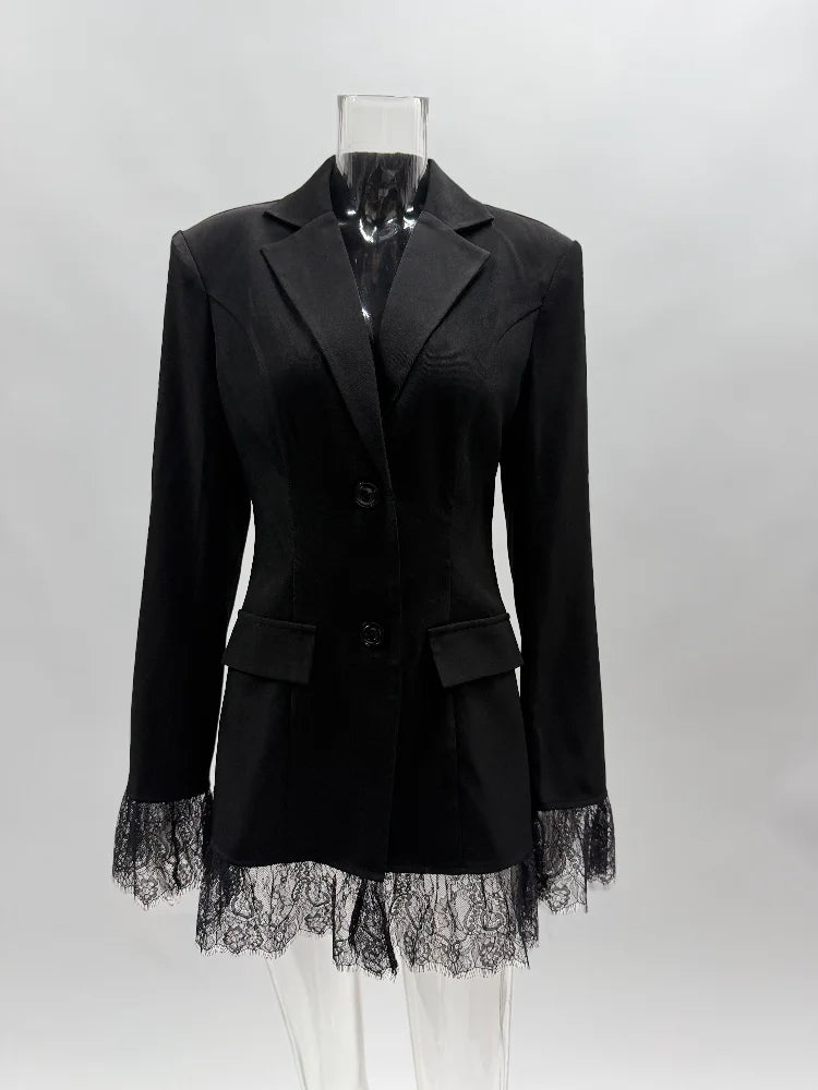 Lace Trimmed Single Breasted Blazer Long Sleeve Tailored Slim Women 2025 Autumn Elegant Suit Jacket Office Party Chic Lady Coat