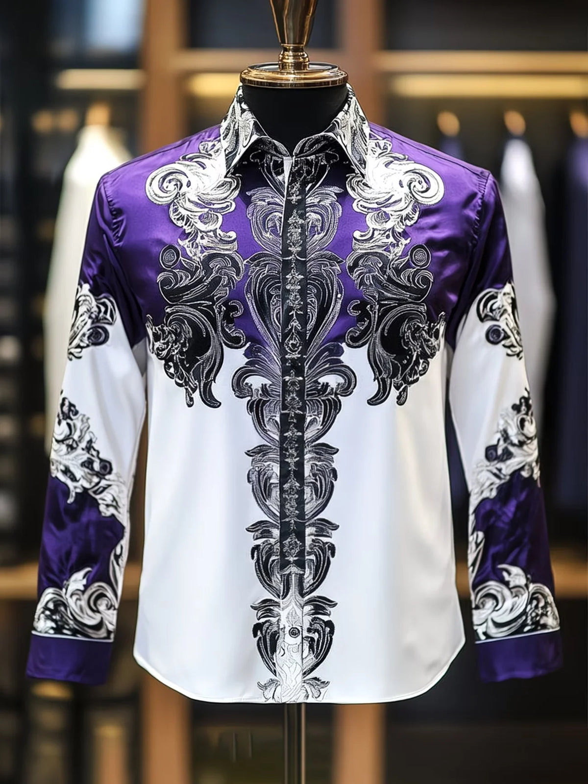 New men's 3D clover print retro pattern casual long sleeved casual shirt fashionable lapel top clothing