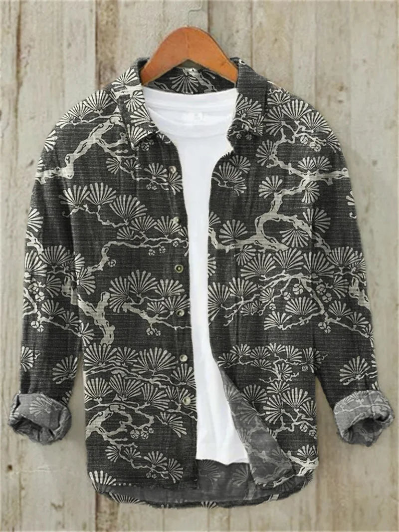 Linen Print Men's Long Sleeve Shirt Traditional Wave Pattern Art Hawaiian Shirt Men's Crane Shirt Design