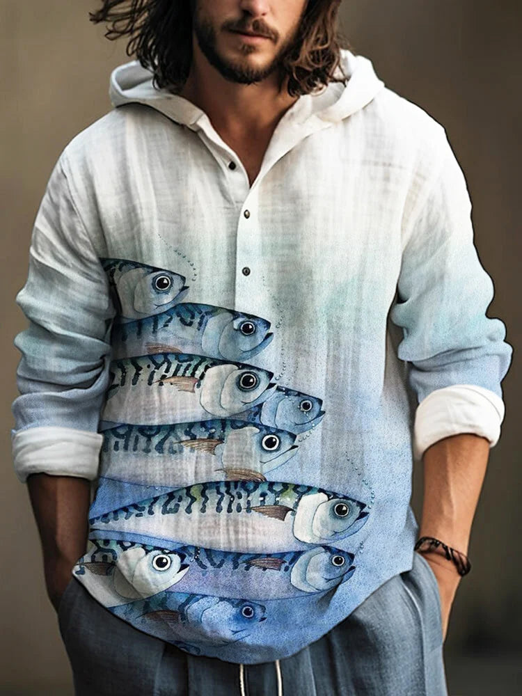 Spring and Autumn Men's Shirt Linen Fashion Casual Bamboo Hawaiian Style Printed Shirt Men's Top Long Sleeve Hooded Pullover