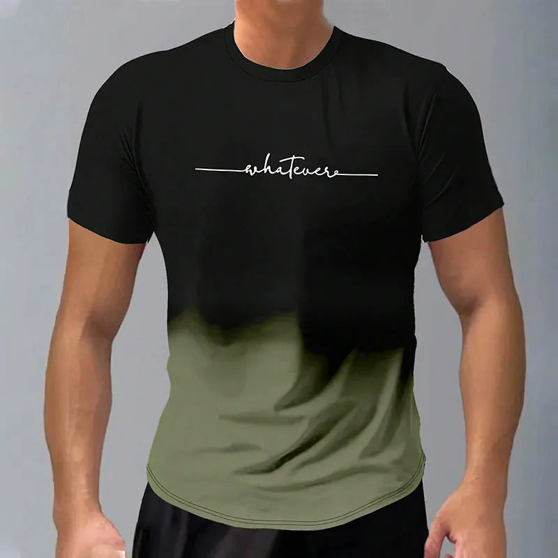 Casual Men's Trendy Short-Sleeved Gradient Letter Printed Round Neck T-Shirt Clothing Spring And Autumn Fitness Sports Tops