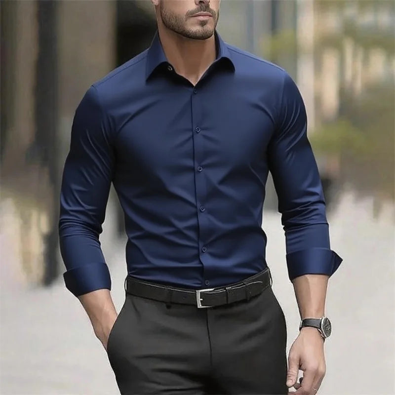 Solid Color Men's Shirt Casual White Shirt, High Quality Solid Color Long Sleeve Stretch Fabric, Business Formal Shirt, XS-6XL