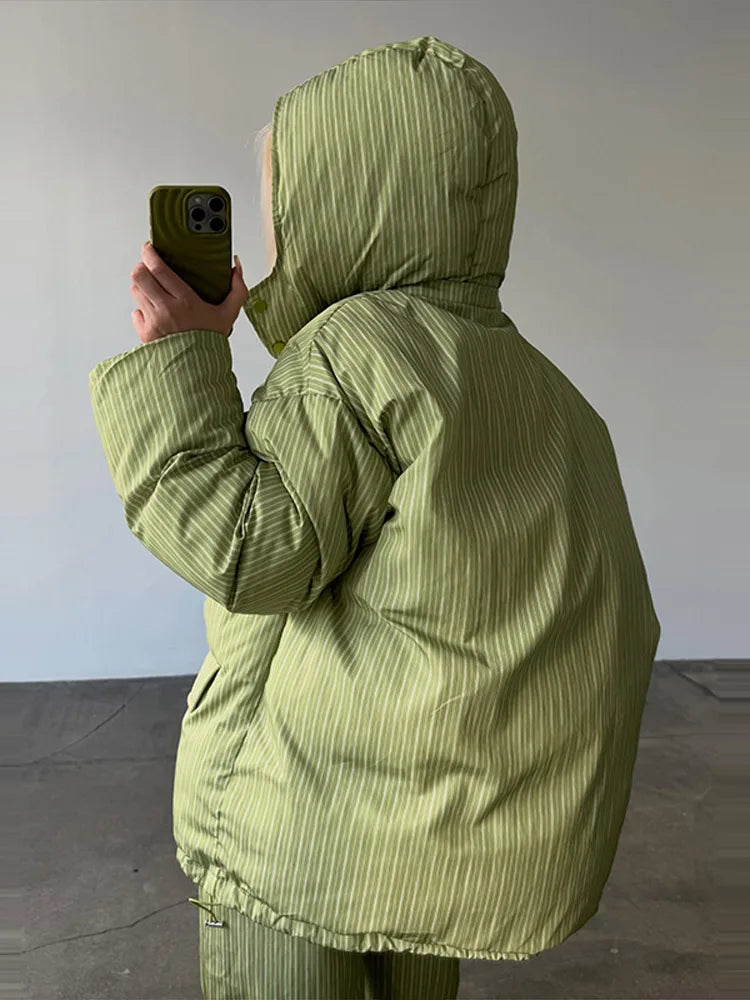 Casual Striped Women's Cotton Coat Trouser Suits Hooded Zippers Thicken Lady Set 2026 Autumn Winter Chic Female Outfits