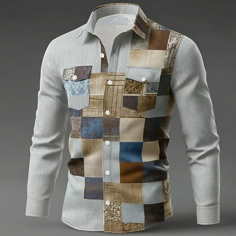 New men's long sleeved shirt, casual and fashionable checkered shirt, lapel single breasted long sleeved men's clothing