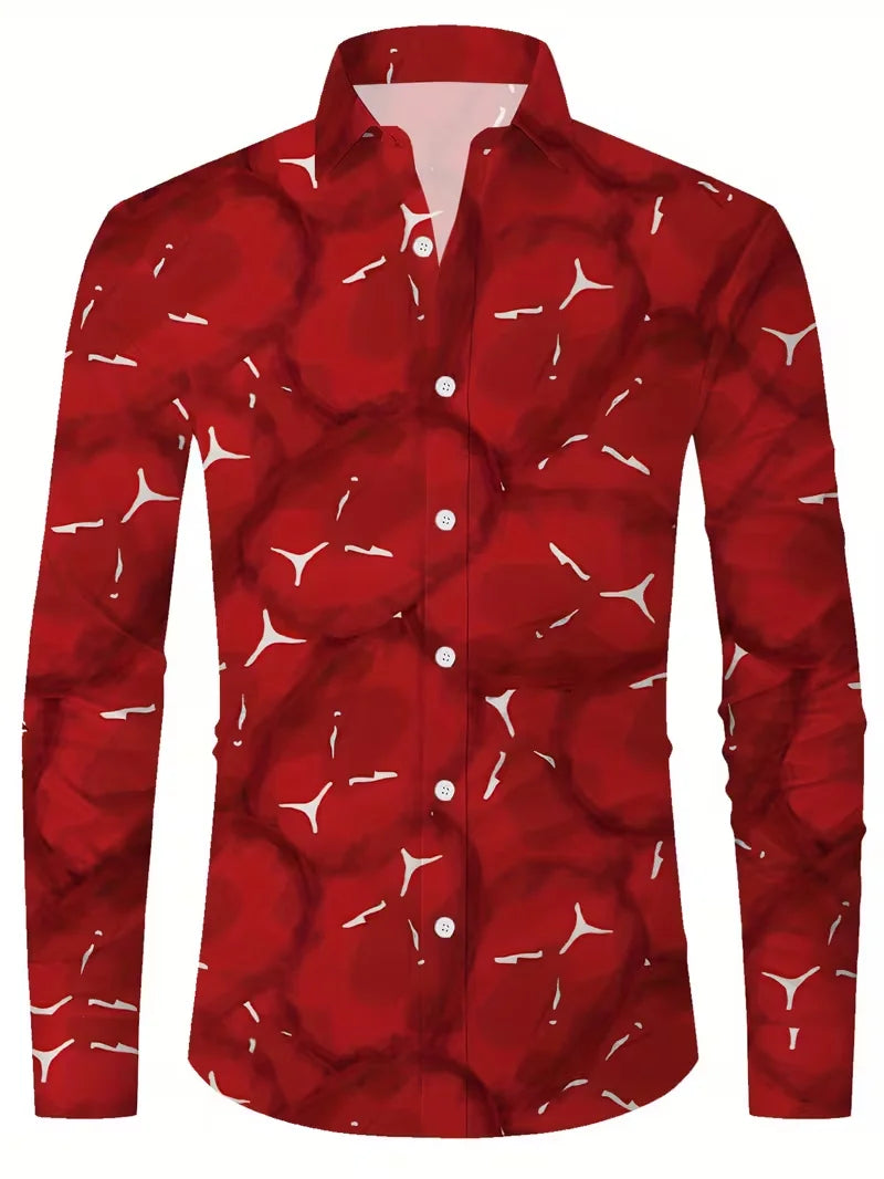 New retro square casual shirt men's abstract printed shirt long sleeved fashionable street shirt design clothing