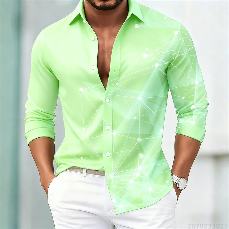 Men's trendy geometric line print long-sleeved shirt. Fashionable slim black technology-style shirt. Popular men's shirt.