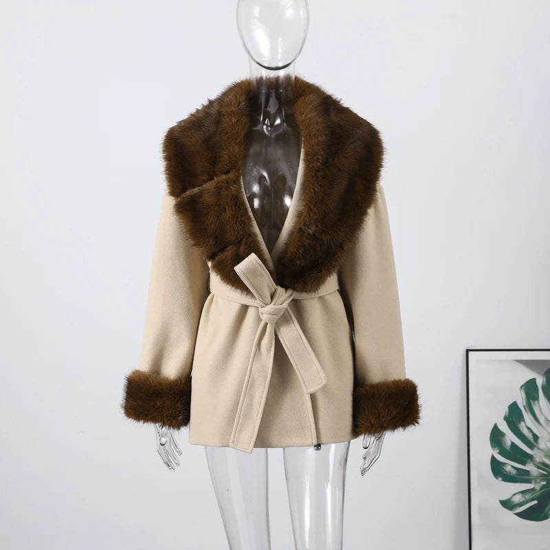 Street Faux Fur Belt Woolen Women Coat Urban Shawl Collar Belted Waist Full Sleeve Female Coats 2025 Autumn Winter Lady Outwear