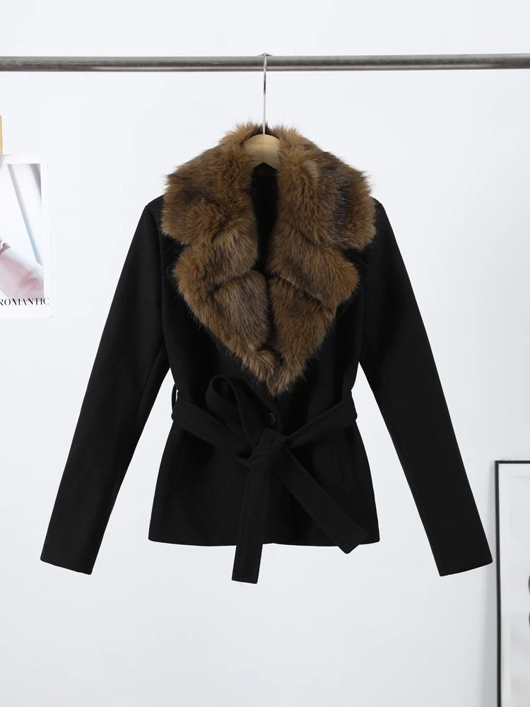 Street Faux Fur Belt Woolen Women Coat Urban Shawl Collar Belted Waist Full Sleeve Female Coats 2025 Autumn Winter Lady Outwear