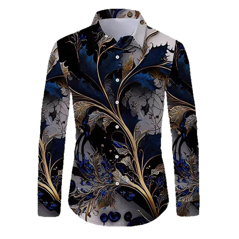 Men's blue and gold marble print long-sleeved shirt. Fashionable casual design, slim fit for banquets and business suits. XS-6XL