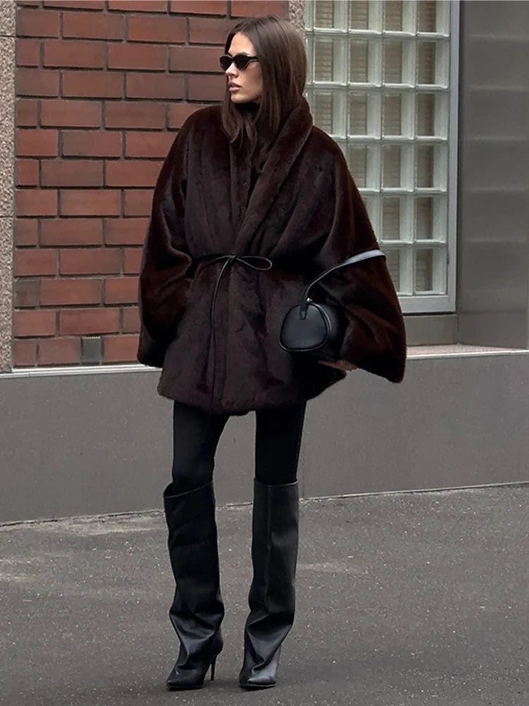 Vintage Faux Fur Thicken Coats Women Chic Full Sleeve V-neck Lace Up Open Stitch Female Outwear 2026 Spring Autumn Lady Outwear