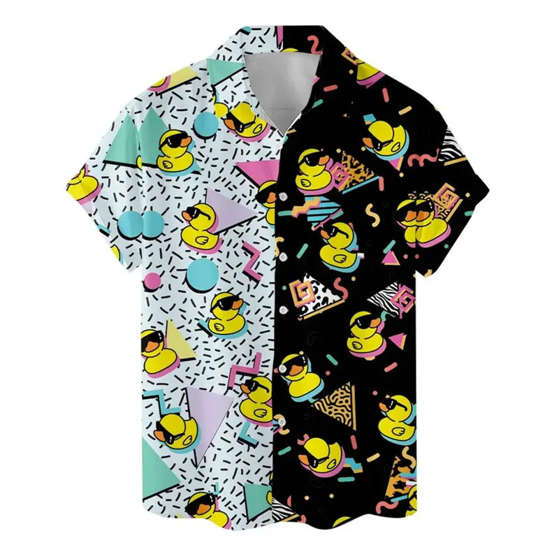 80s 90s Retro Rubber Duck Hawaii Shirt For Men Funny Memphis Style Print Loose Button Shirts Relaxed Street Novel Design Blouse