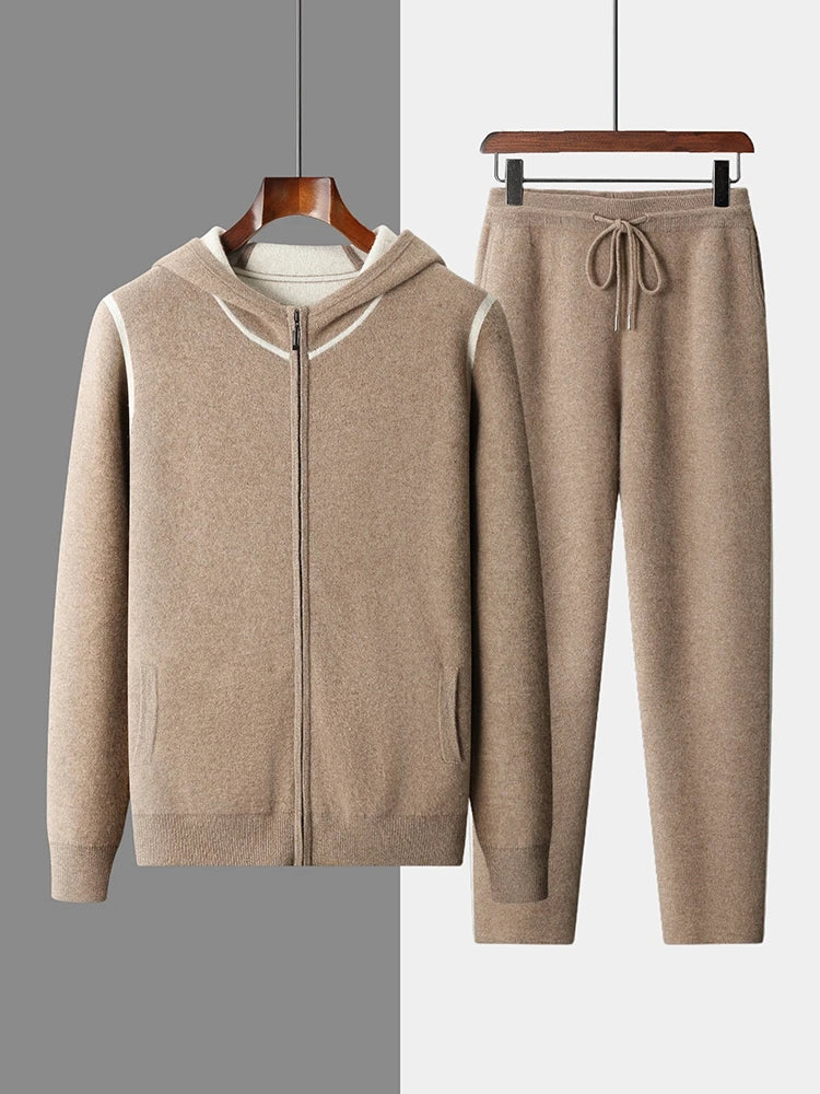 Luxury Men's 100% Cashmere Hooded Sweater Cardigan Casual Cashmere Pants Thick Warm Knitwear Autumn Winter Jacket Hoodie Tops