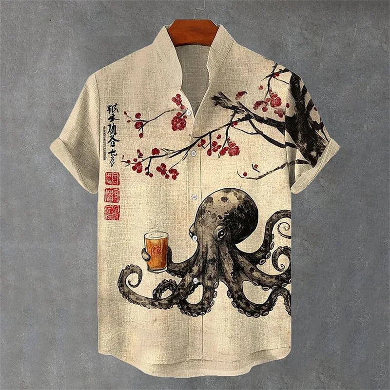 Cartoon Cat Short Sleeve Shirt Vintage Art Fish Print Men's Summer Shirt Casual Holiday Street Clothing New Collection