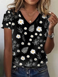 Summer Large Size Women's T-Shirt Fashion Blue Flowers Print Leisure Elegant V-Neck T-Shirt Daily Comfortable Women's T-Shirt