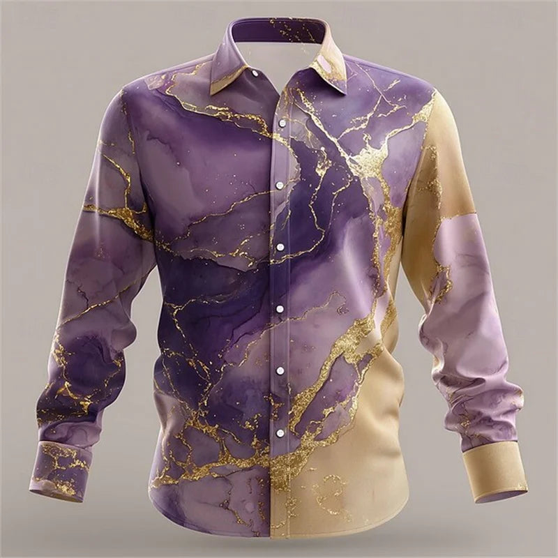 Men's blue and gold marble print long-sleeved shirt. Fashionable casual design, slim fit for banquets and business suits. XS-6XL