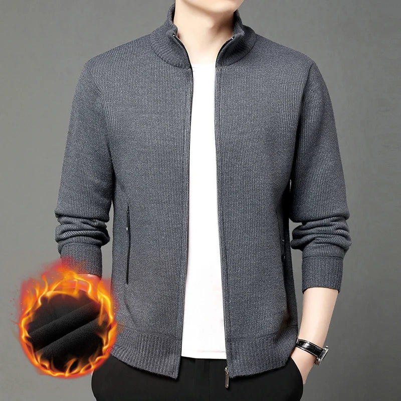 Premium Thick Korean Fleece Warm New Brand Casual Fashion Stand Collar Men Zipper Jacket Slim Fit Autumn Winter Coats