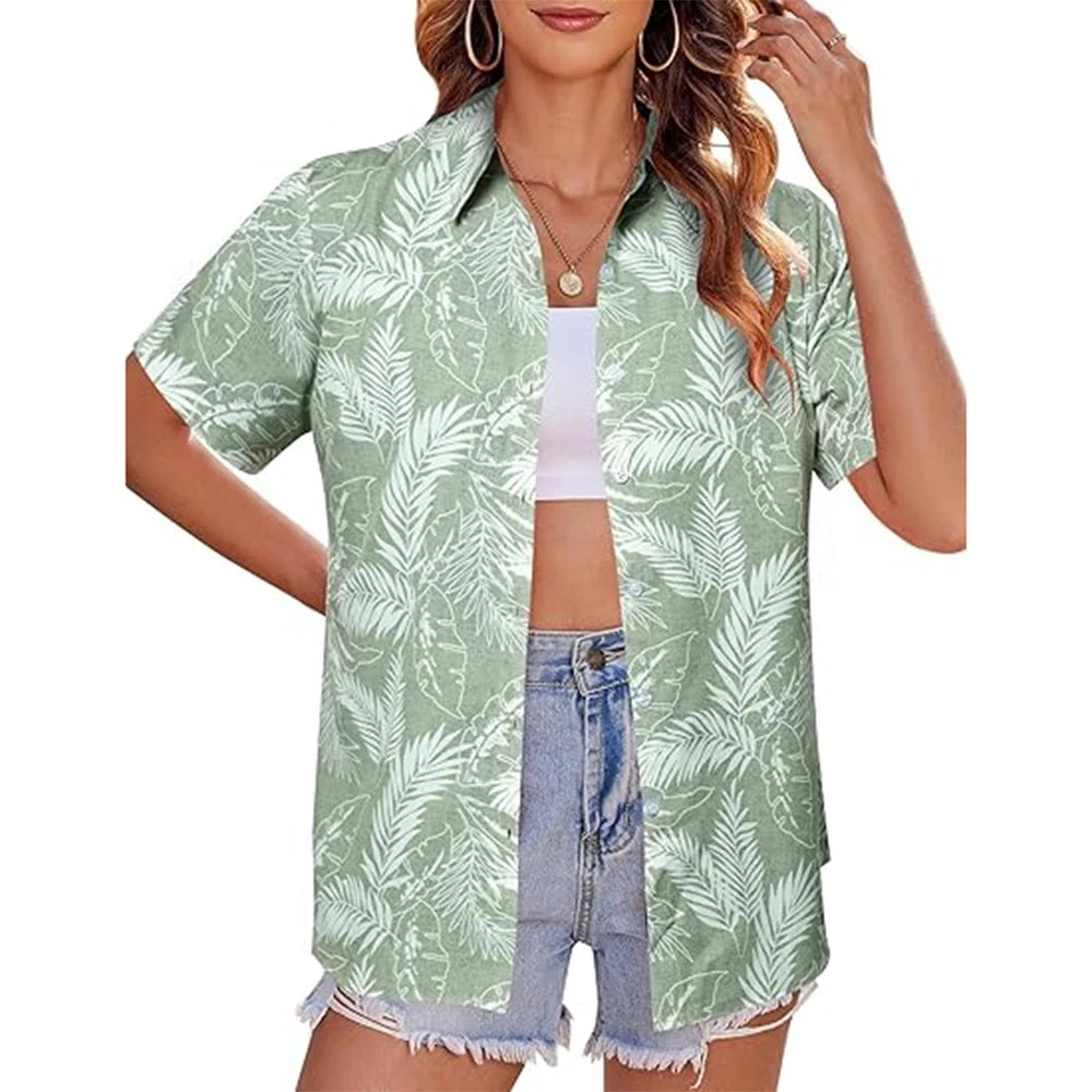 New Women's Short Sleeve T-shirt Fashion 3D Floral Print Hawaiian Style Casual Basic T-shirt Summer Lapel Short Sleeve Shirt