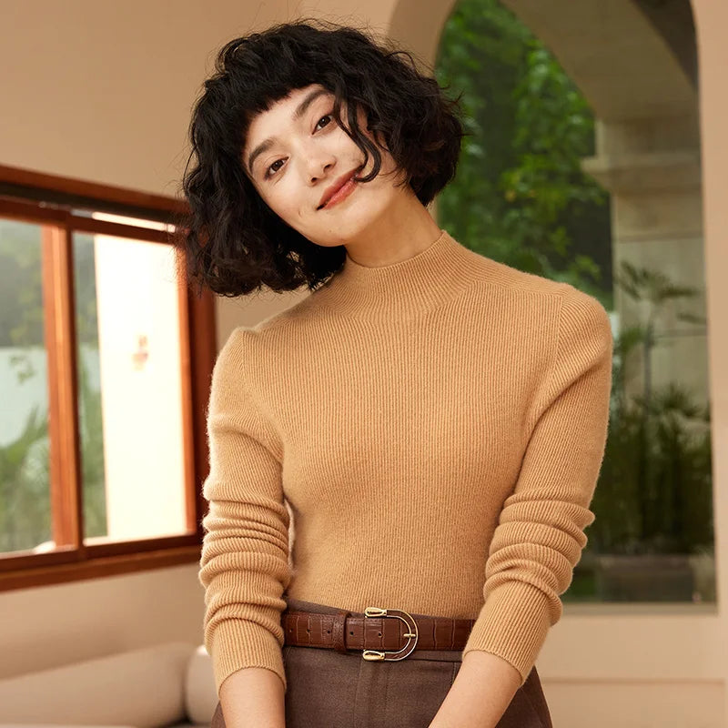 Autumn and Winter New Women's 100% Pure Cashmere Semi High Neck Pullover Sweater Knitted Slim Fit Hot Selling Women's Top