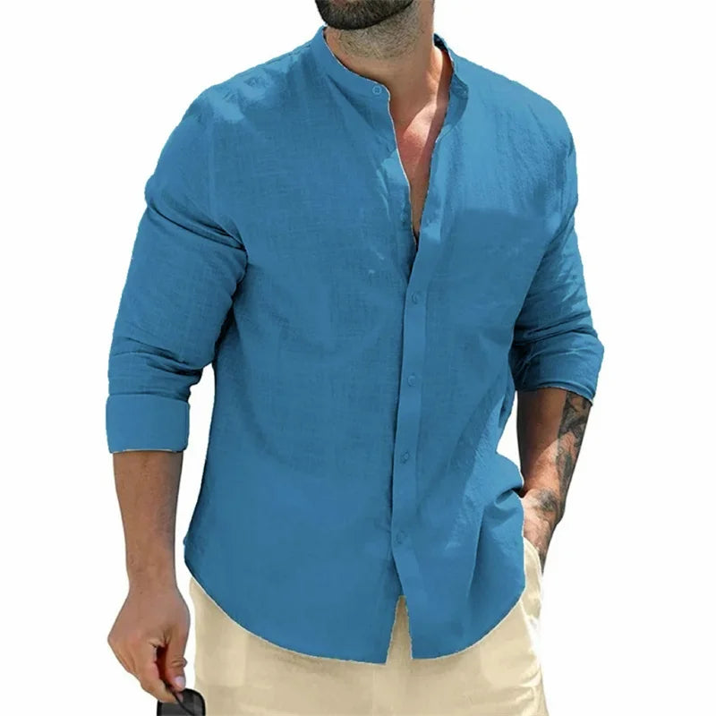 Men's shirt, long-sleeved shirt, solid color, round neck, single-breasted shirt, outdoor casual business office clothing, large