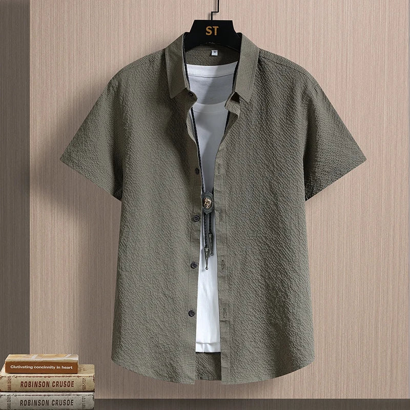 Men's Shirts Seersucker Short Sleeve Male Shirts Summer Casual Business Textured Solid Button Up Office Top